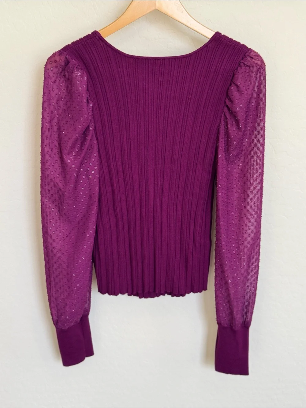 Anthropologie Ribbed Scoop Neck Shimmer Puff Sleeve Top Plum Purple Large